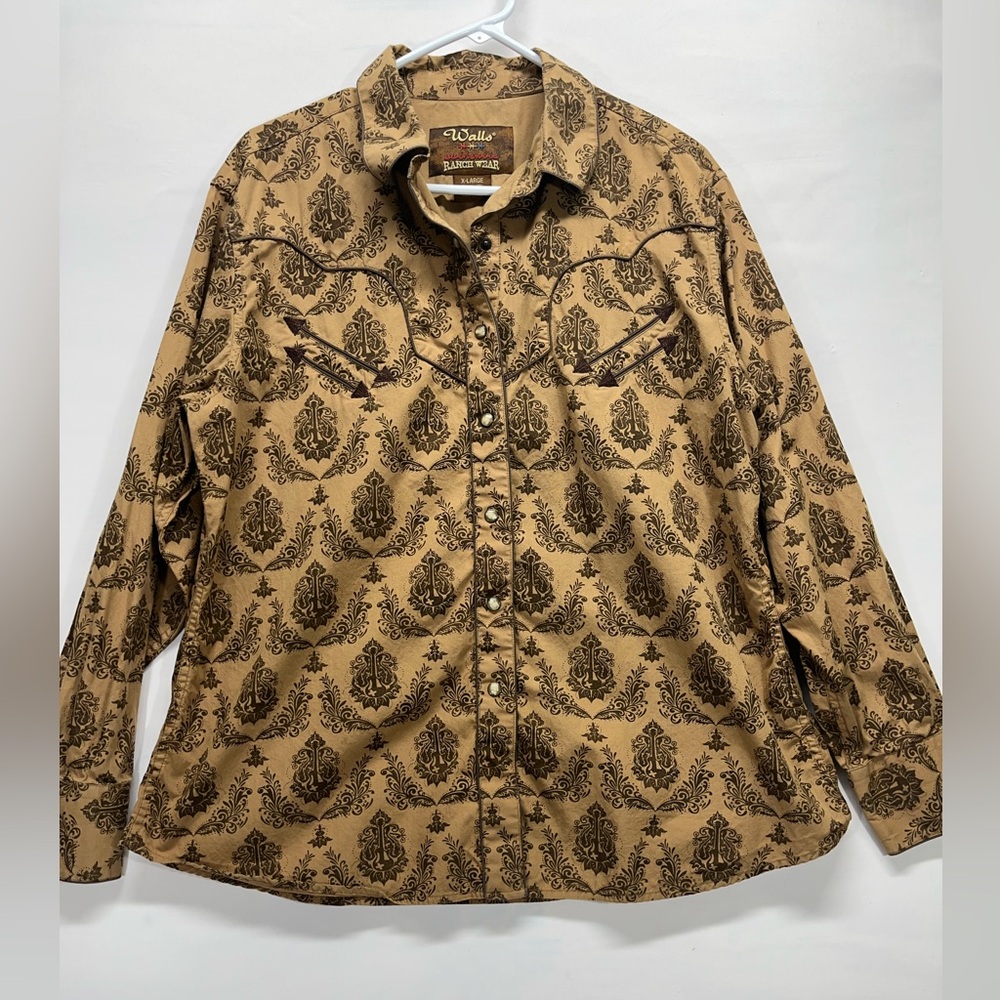 WALLS AUTHENTIC RANCH WEAR PEARL SNAP & GUITAR/CROSS DESIGN RODEO SHIRT XL BROWN